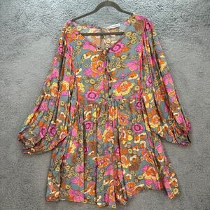 Rusttydustty NWT Women's 4X Floral Romper Bell Sleeves Colorful Boho Festival